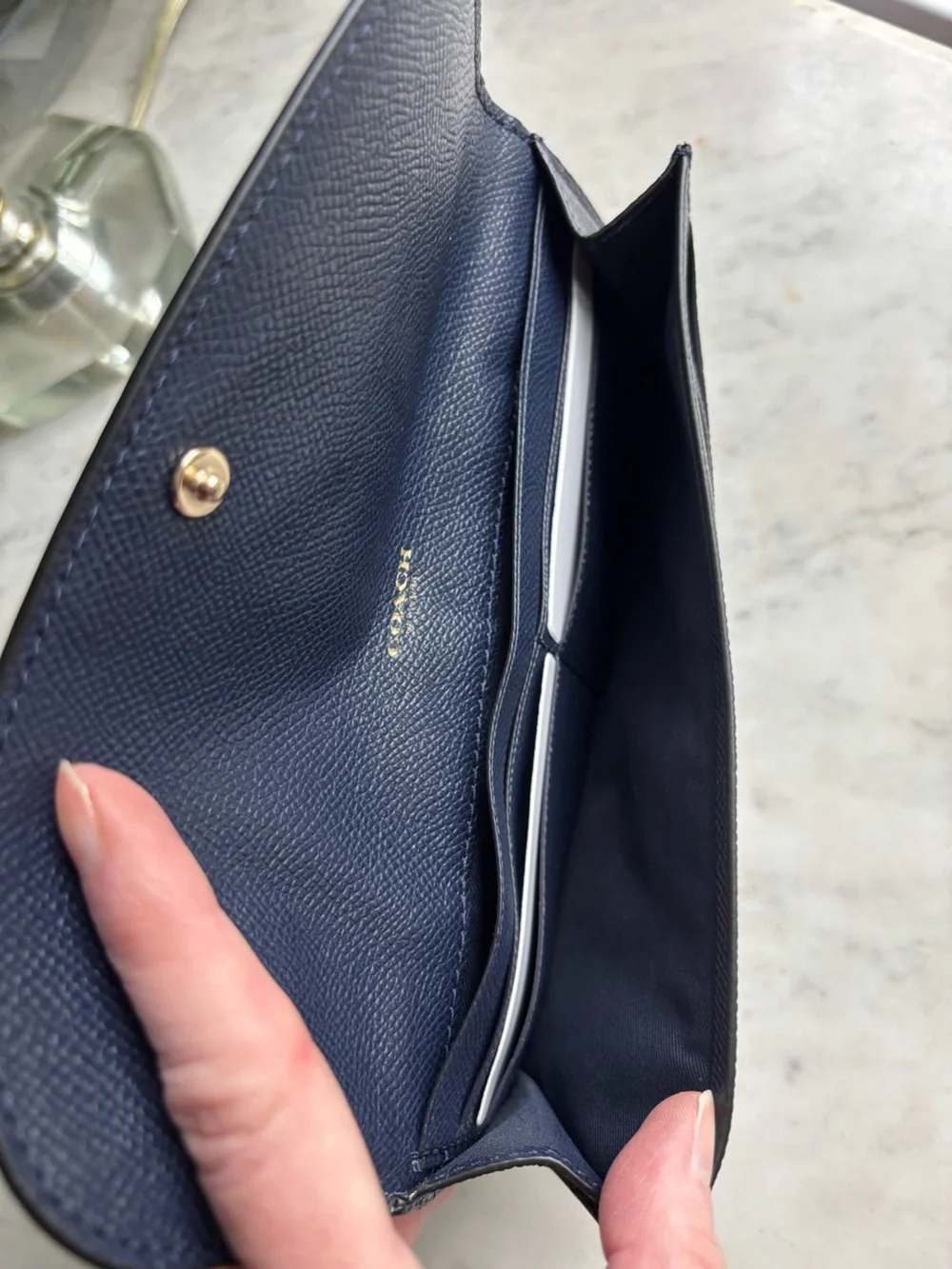 NWOT Coach Saffiano Leather Continental Wallet in Navy with Gold Logo